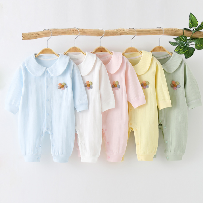 儿童婴儿连体衣新生儿款无骨哈衣爬服秋季外出衣服五彩萌萌花薄款