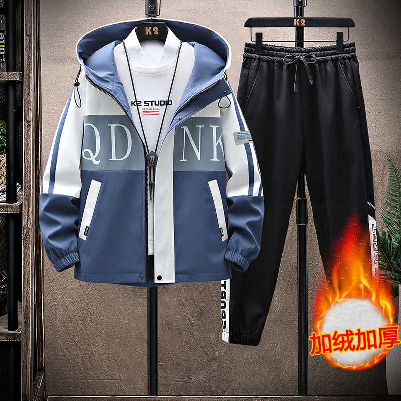 2023爆款冬季加绒加厚青少年外套学生痞帅潮流帅气男装夹克男套装