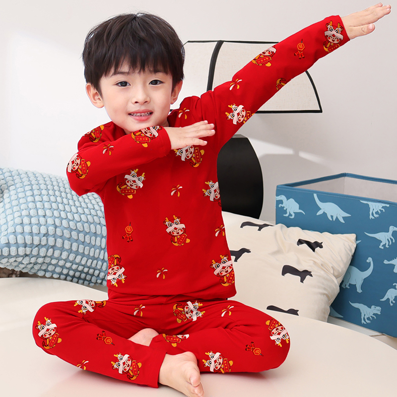 新年男童内衣套装红色龙年12岁本命年纯棉儿童睡衣大童秋冬季保暖
