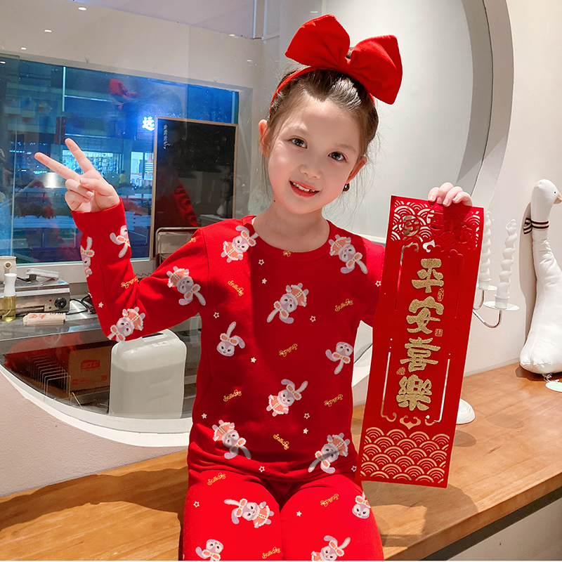 纯棉红色女童家居服保暖内衣套装秋衣秋裤女孩儿童春秋季长袖睡衣