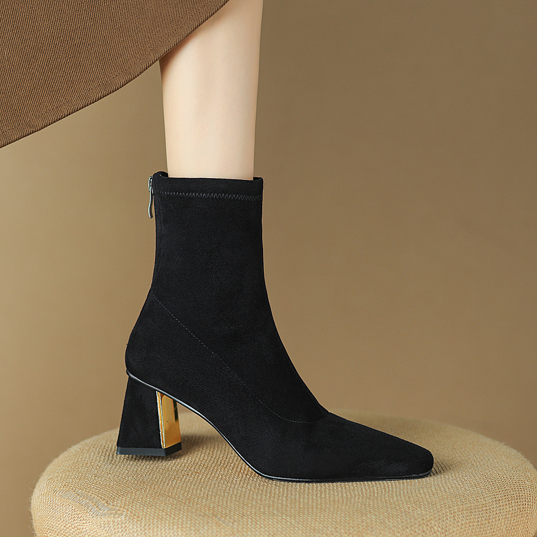 秋冬新款高跟短靴女弹力靴粗跟方头裸靴百搭瘦瘦靴踝靴简约女鞋子