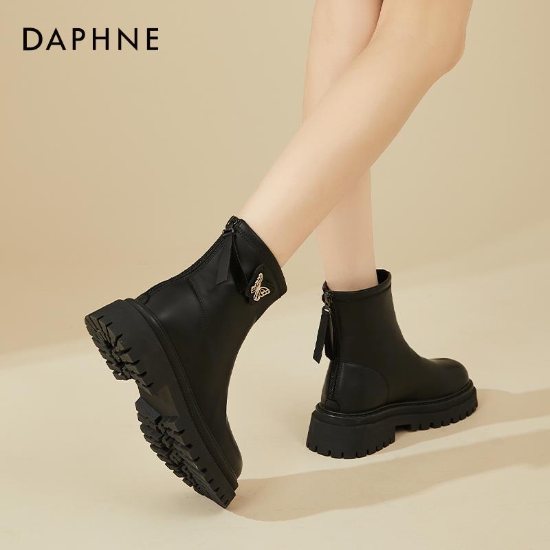 达芙妮黑色粗跟马丁靴短筒女冬季新款加绒加厚保暖棉鞋英伦风靴子