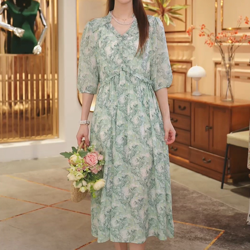 【堇兰】夏季新款木耳领印花桑蚕丝长裙女气质连衣裙YYQ22-671