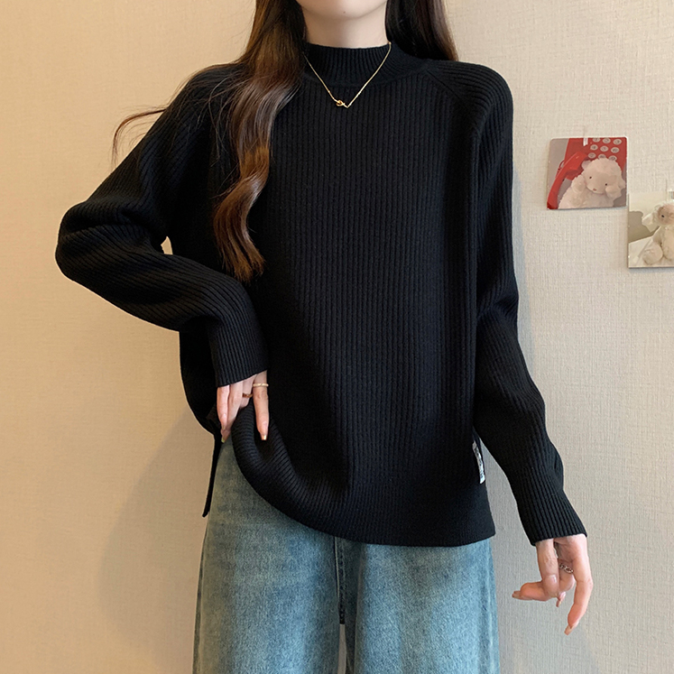 大码女装慵懒风半高领长袖毛衣女秋冬微胖宽松显瘦针织上衣打底衫