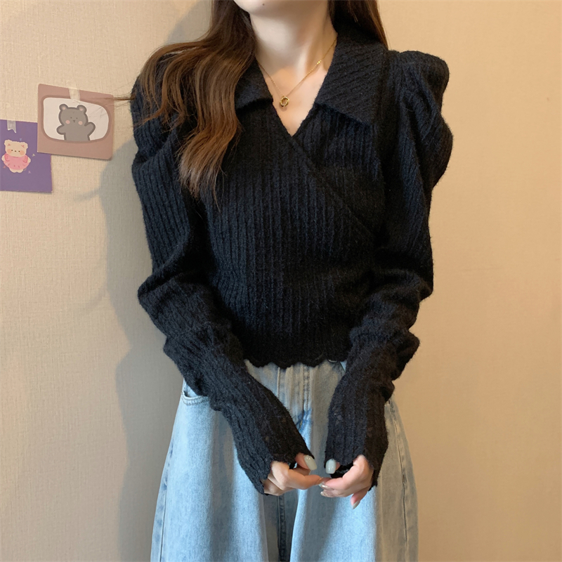 大码女装POLO领长袖T恤蕾丝衫女春秋胖MM修身显瘦内搭上衣打底衫