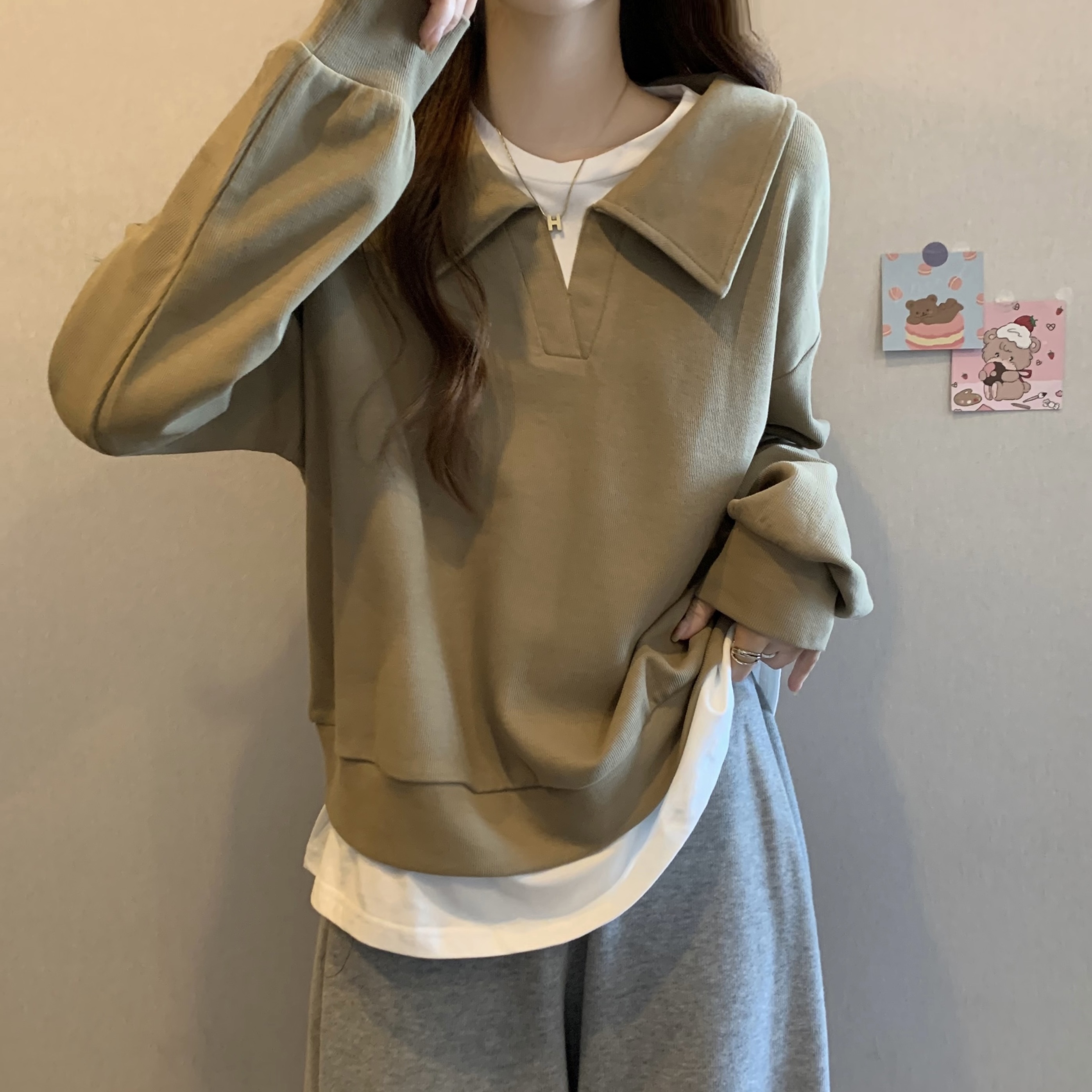 大码女装韩版假两件长袖卫衣女秋冬胖妹妹宽松显瘦内搭上衣打底衫