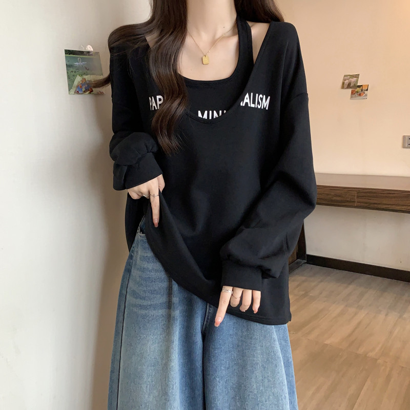 大码女装字母吊带长袖卫衣两件套女秋冬胖妹妹宽松显瘦上衣打底衫