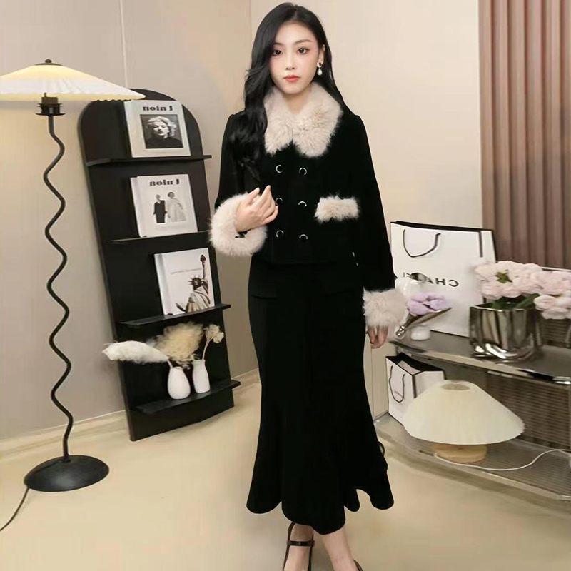 【两件套】小香风显瘦气质网红黑色轻奢长款套装6414