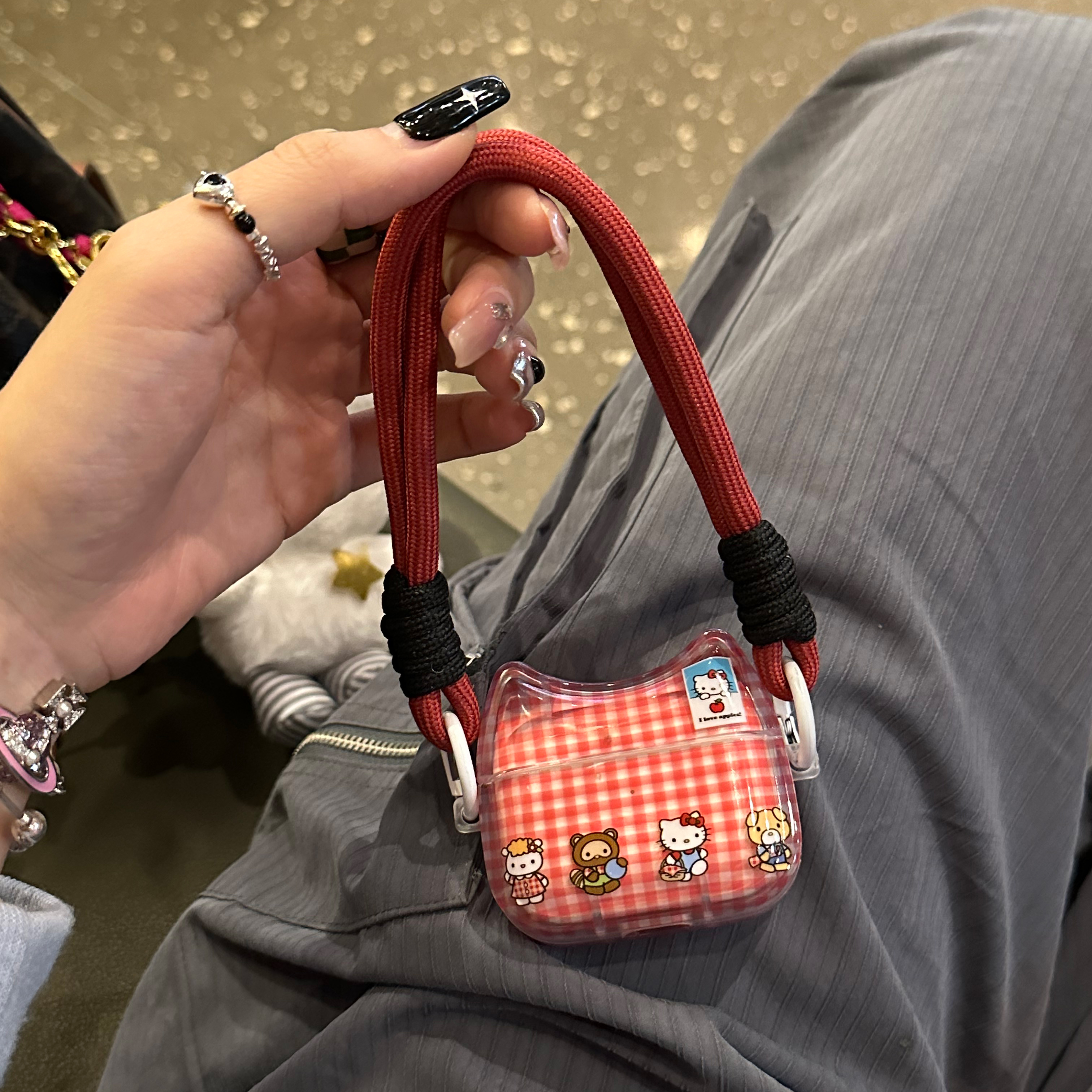 日韩可爱玫粉格纹kt猫咪适用苹果airpods2/3保护套少女耳机套防摔