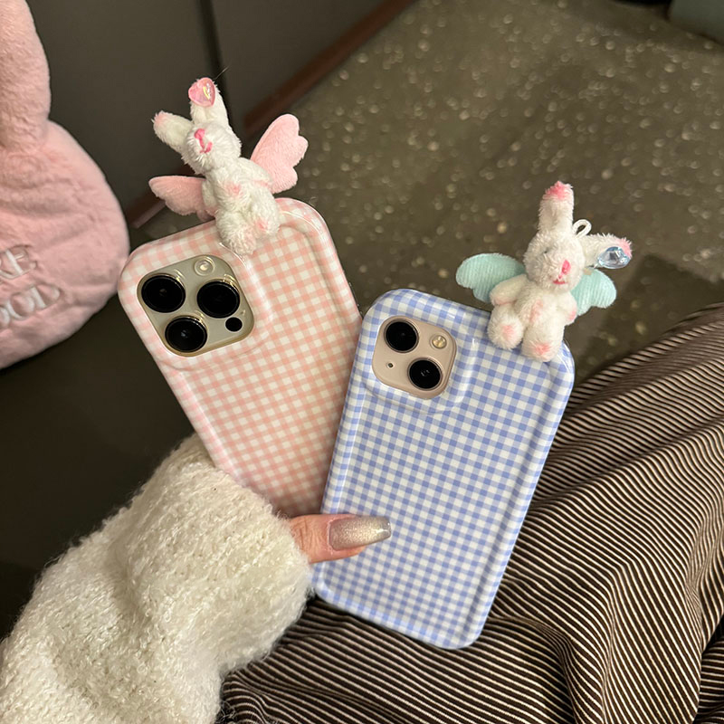 ins日韩可爱立体粉蓝格纹翅膀小兔适用于iPhone15pro手机壳女全包
