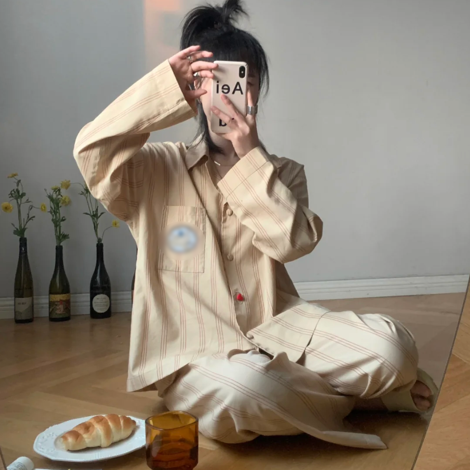 天丝棉混纺丘比特兔条纹情侣款睡衣长款春秋季可外穿男女家居服