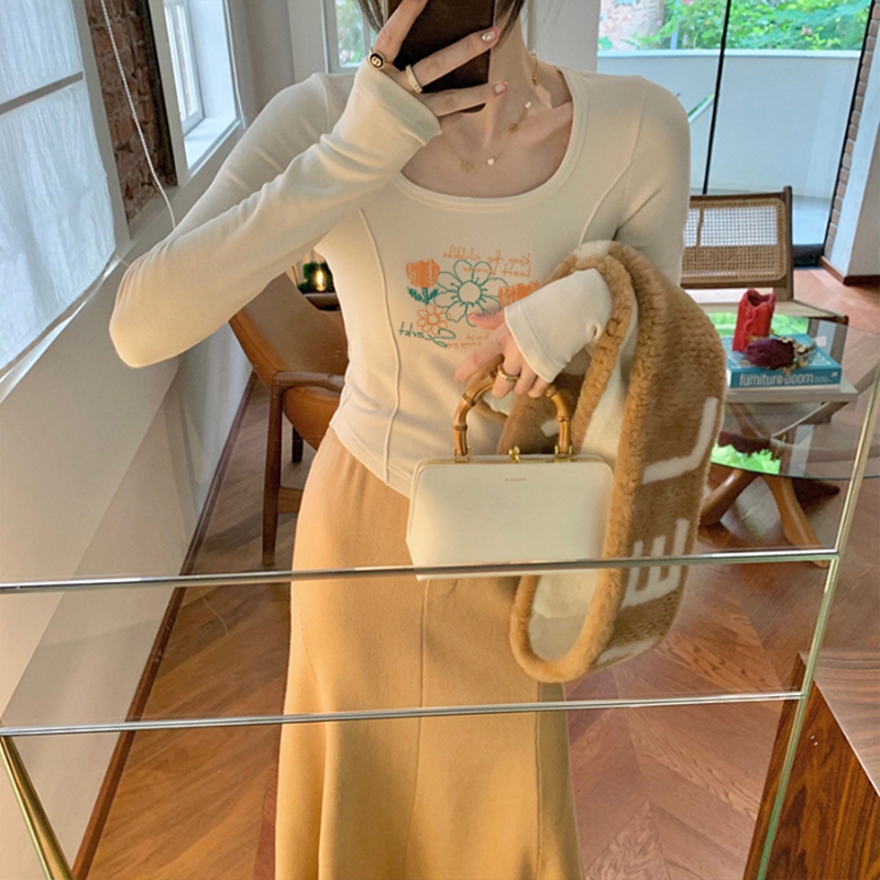 双面德绒方领打底衫女内搭秋冬修身短款上衣印花保暖长袖T恤女装