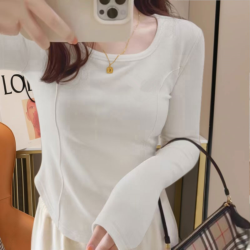 正肩德绒长袖t恤女不规则2023新款秋冬小个子短款显瘦上衣打底衫