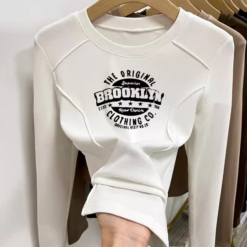 德绒长袖圆领T恤女2023秋冬新款卡通印花修身显瘦内搭打底衫保暖