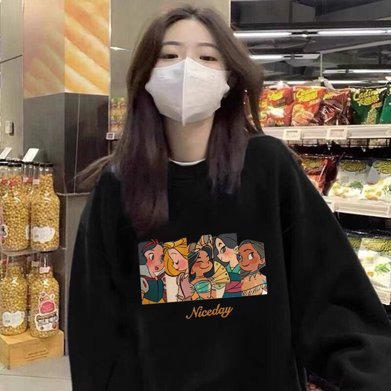 胖MM黑色圆领卫衣女23早秋宽松套头小个子卡通印花设计感小众上衣