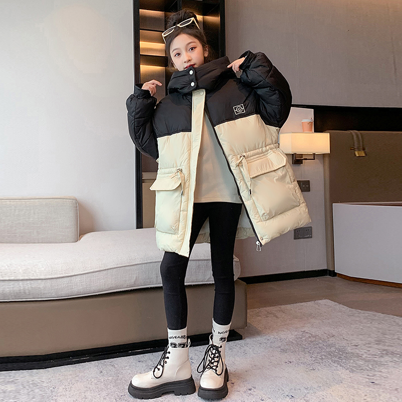 女童棉服中长款冬季2023新款韩版设计感收腰儿童拼色韩版加厚棉衣