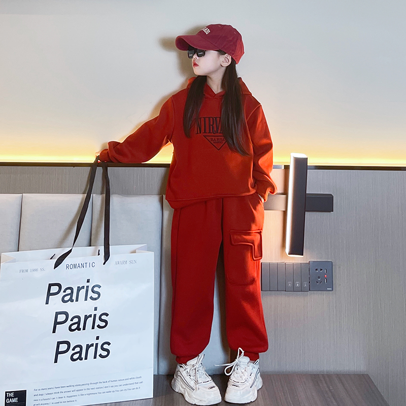 女童连帽运动衫套装秋冬装2023新款女大童洋派儿童套装加绒运动两