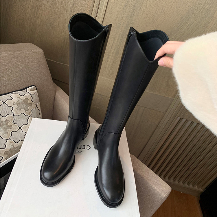 牛皮版~2023新款口厚底加绒粗跟中高筒骑士长靴女秋冬真皮长筒靴