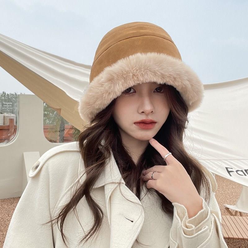 冬季毛绒渔夫帽帽子女秋冬百搭仿麂皮加绒仿羊羔毛渔夫帽休闲保暖