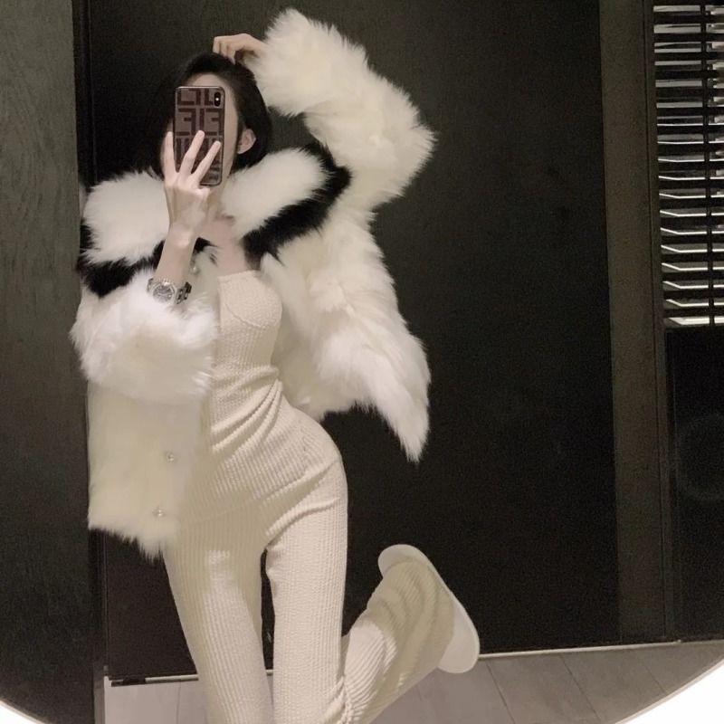 白色时尚爆款小香风毛外套女冬季新款加绒加厚翻领毛茸茸衣服潮