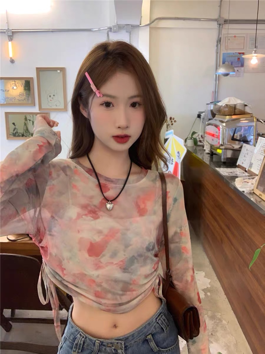新款01 ins时尚百搭网纱上衣-显瘦辣妹夏季小众印花碎花性感露脐