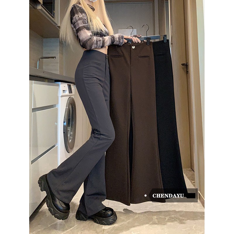 高级感灰色西装裤女秋季休闲裤高腰修身直筒微喇叭裤子长裤