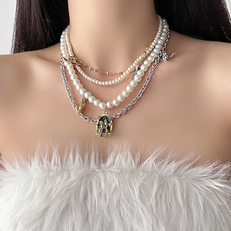 合金亚克力项链 X3013-1法式轻奢复古项链女款叠戴百搭串珠锁骨链