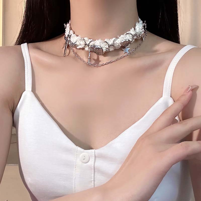 合金布艺项链 X2299-1甜美布艺草莓星星时尚甜美百搭项链小众手工