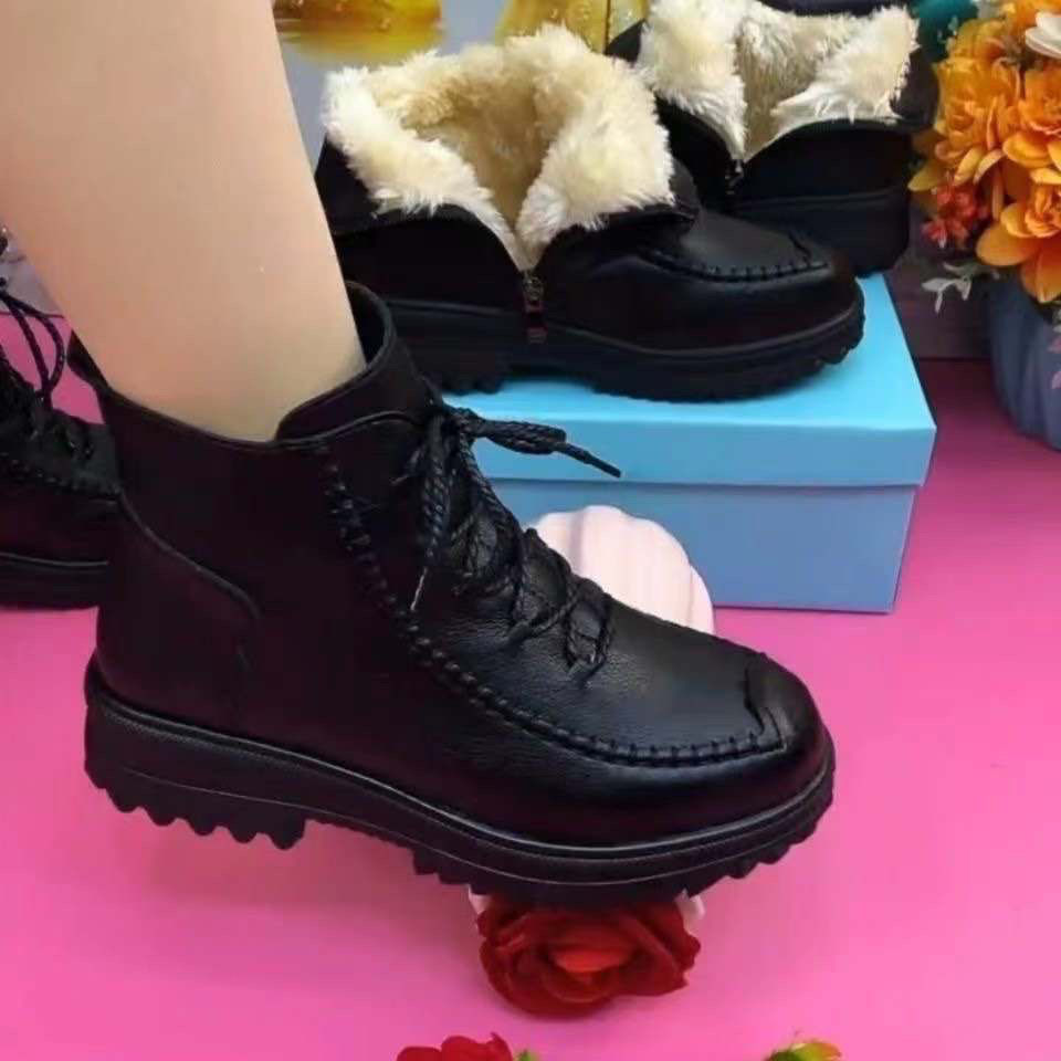 真软皮厚底马丁靴女2023新款秋冬保暖靴软底防滑加绒加厚平底短靴