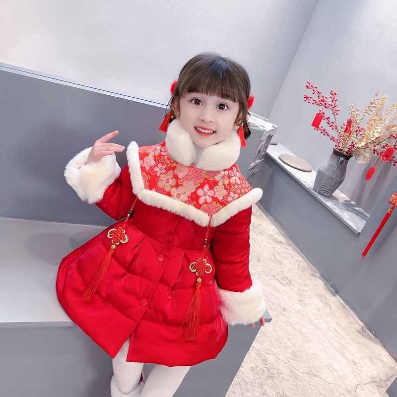儿童拜年服汉服女童加绒加厚唐装小女孩中国风连衣裙宝宝过年衣服