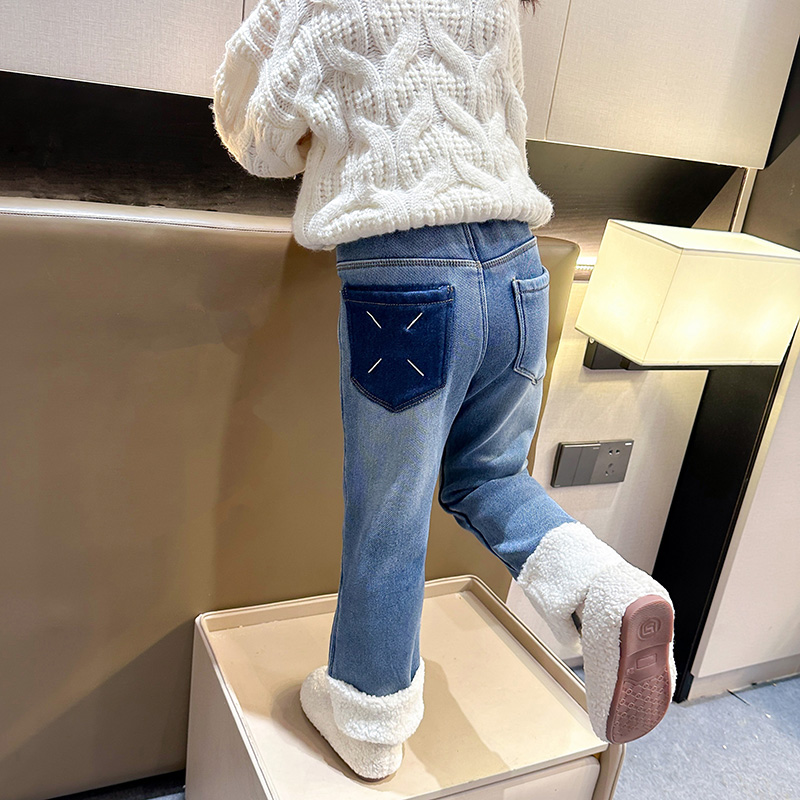 女童牛仔裤秋冬款2023新款儿童一体绒裤子洋气女宝宝加绒休闲裤潮