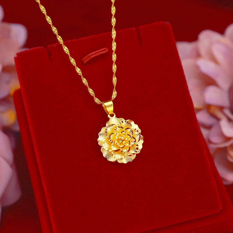 合金项链 牡丹花吊坠花朵项链（赠送45cm水波纹链）
