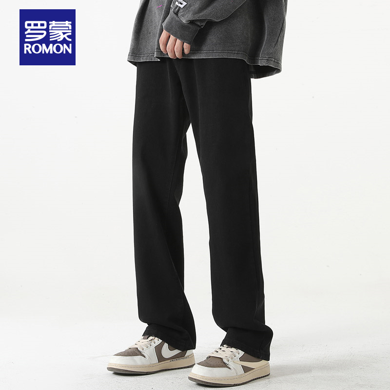 罗蒙男士牛仔裤秋冬季新款潮流高街直筒修身韩版黑色百搭垂感男裤