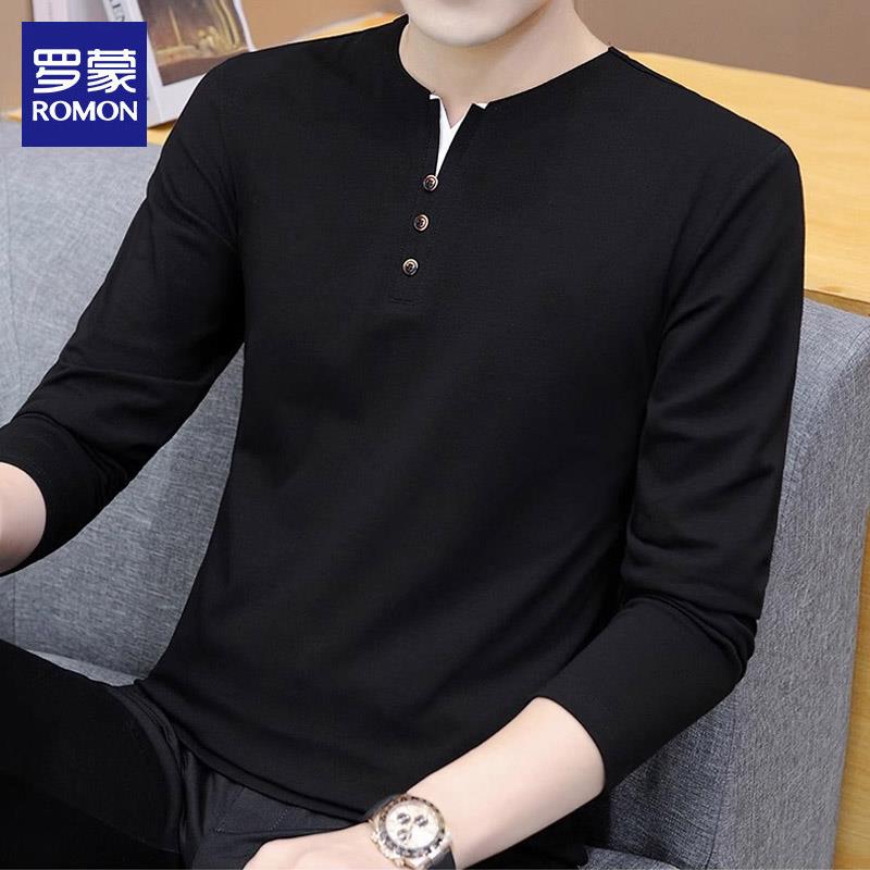 罗蒙Polo衫男士春秋季潮流新款纯色上衣休闲百搭长袖t恤韩版修身
