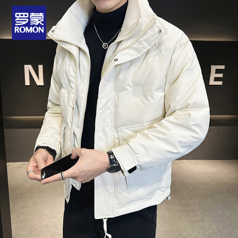 罗蒙纯色羽绒服假两件外套男士秋冬加厚潮流百搭新款休闲韩版立领