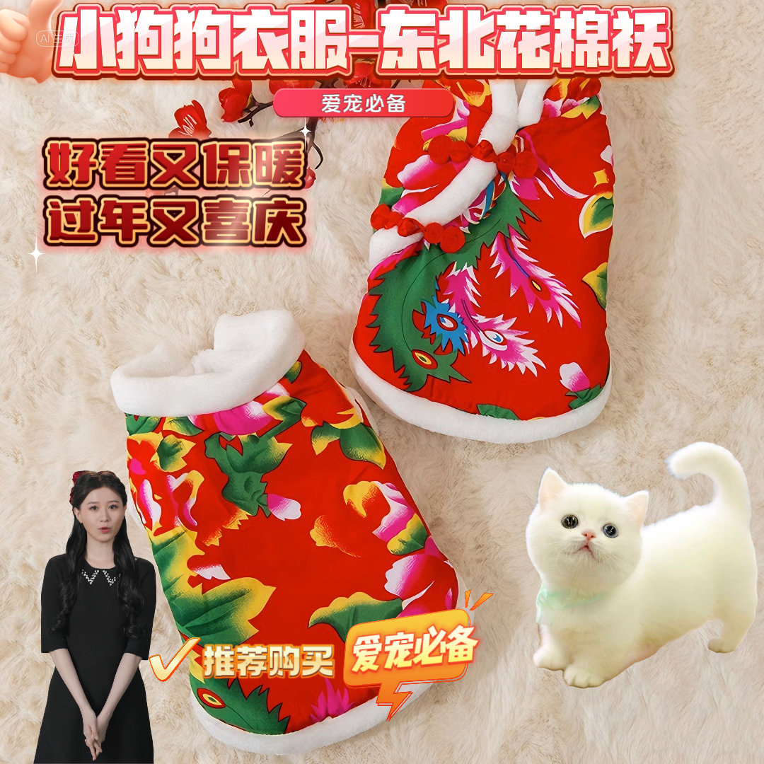宠物狗狗猫咪东北花棉袄喜庆过年保暖冬季防风防掉毛宠物保暖棉袄