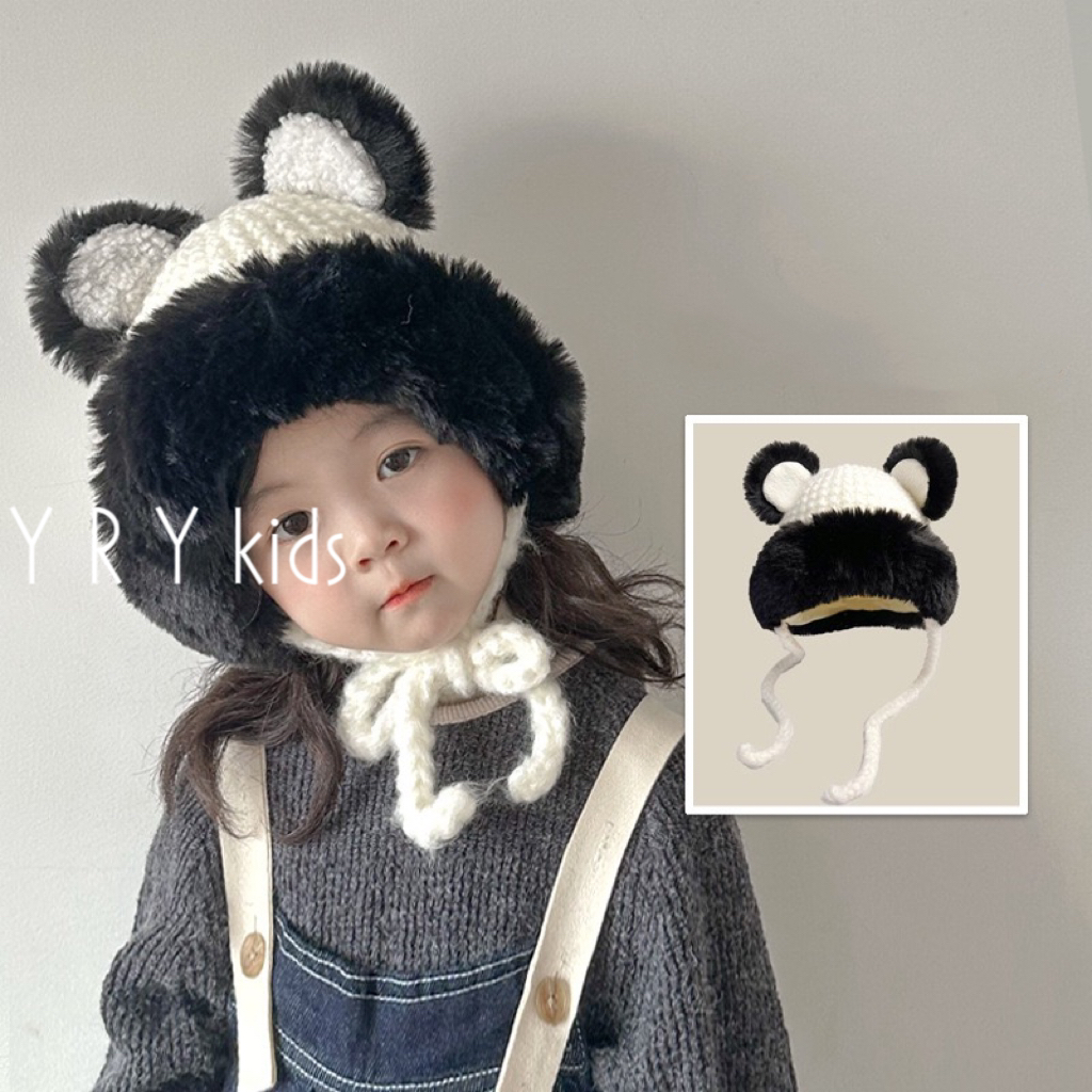 【鱼日】儿童雷锋帽冬季2023可爱小熊保暖宝宝帽女童护耳毛线帽潮牌
