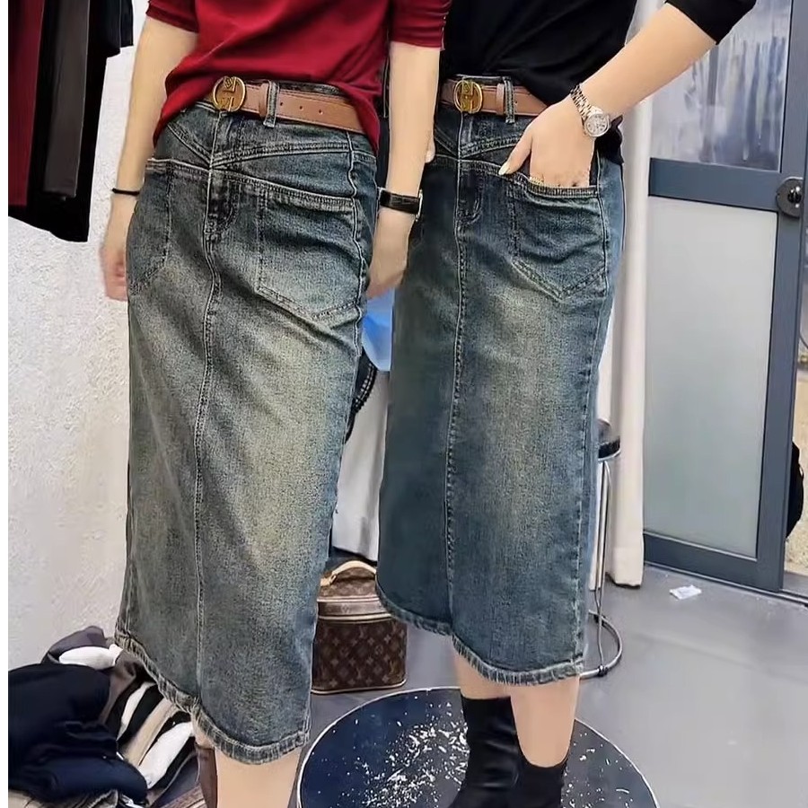 高腰牛仔半身裙女2023秋季新款韩版显瘦小个子中长款开叉包臀长裙
