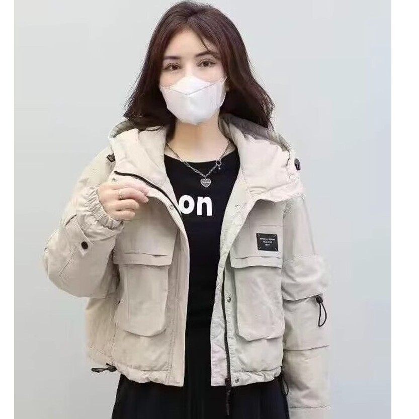 葛絮短款工装户外防风冲锋衣女2023冬季百搭宽松保暖连帽外套加绒