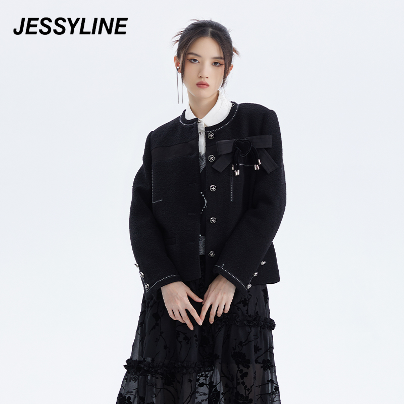 秋季新款 jessyline杰茜莱黑色呢淑女外套毛呢小香风拼接通勤时尚