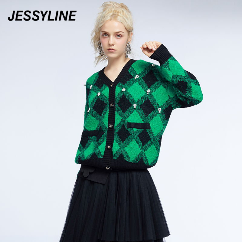 冬季新款  jessyline杰茜莱绿色v领针织开衫女时尚 245104476毛衣