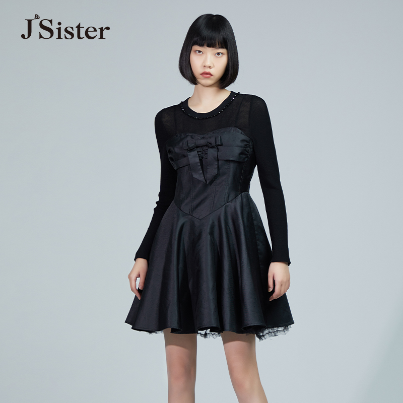 秋冬新款 jsister JS女装时尚黑色圆领修身连衣裙显瘦 S232111083