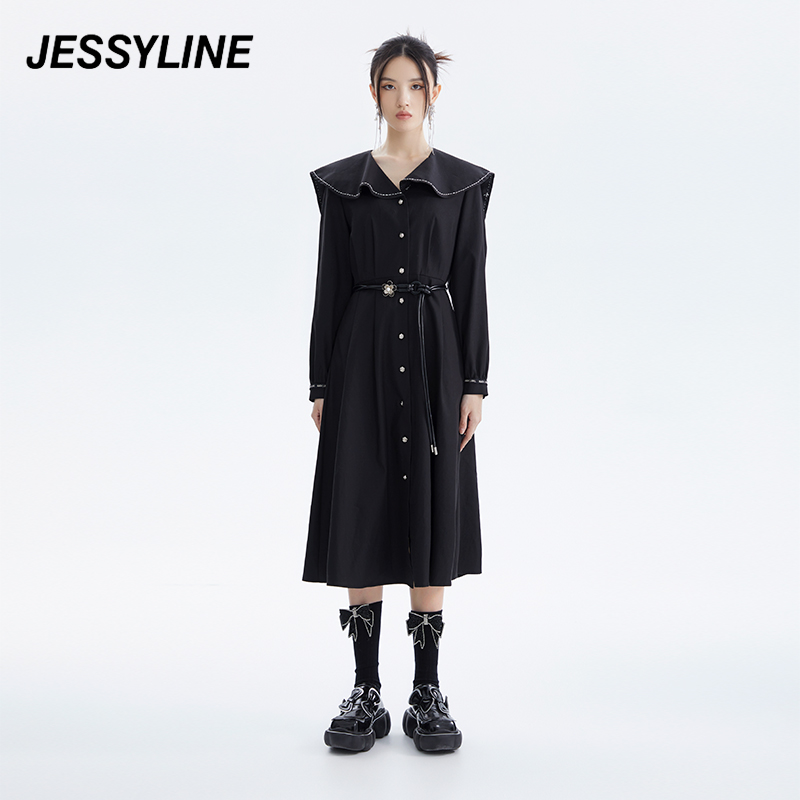秋季新款 jessyline杰茜莱娃娃领衬衫连衣裙女黑色收腰气质时尚
