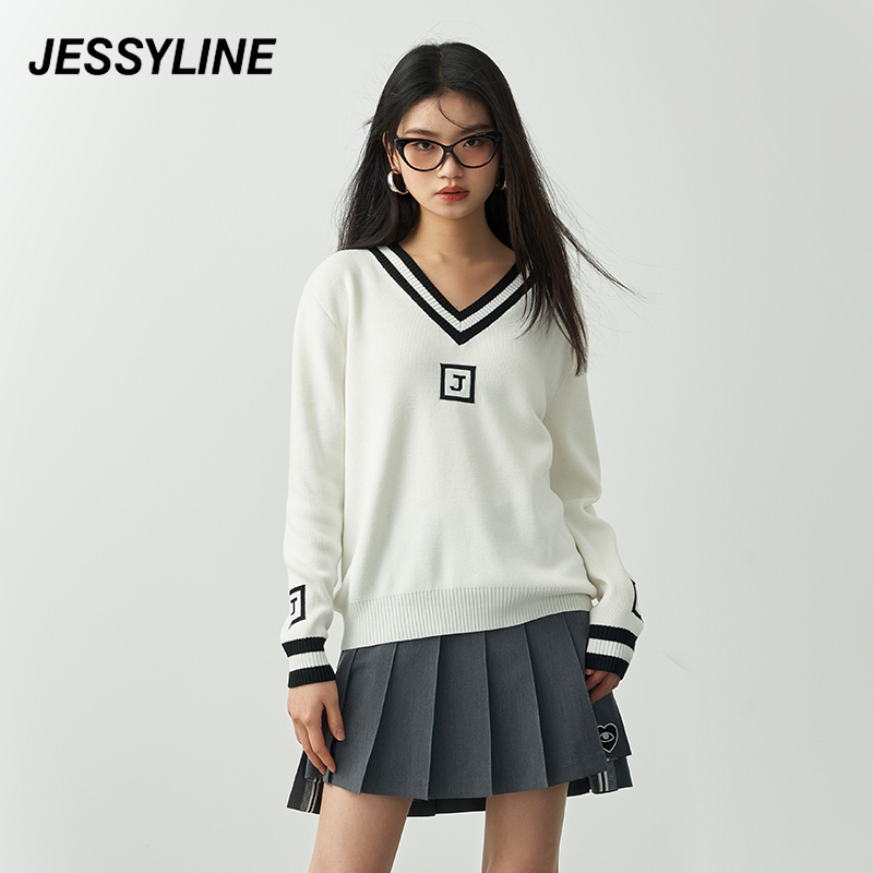 春季新款 杰茜莱白色v领套头针织衫女 jessyline 310204732