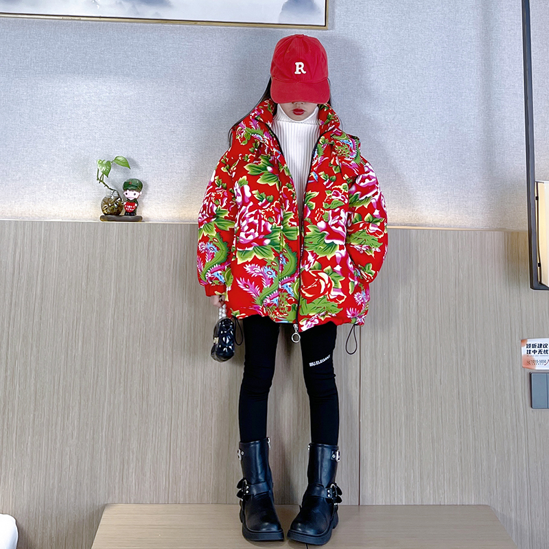 女童东北大花连帽棉袄中大童加厚保暖防寒棉衣外套中国风特色棉服
