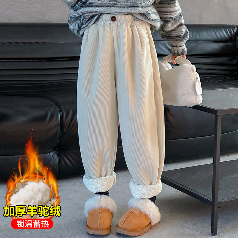 女童加绒加厚裤子冬装2023新款儿童装洋气冬季保暖灯芯绒休闲长裤