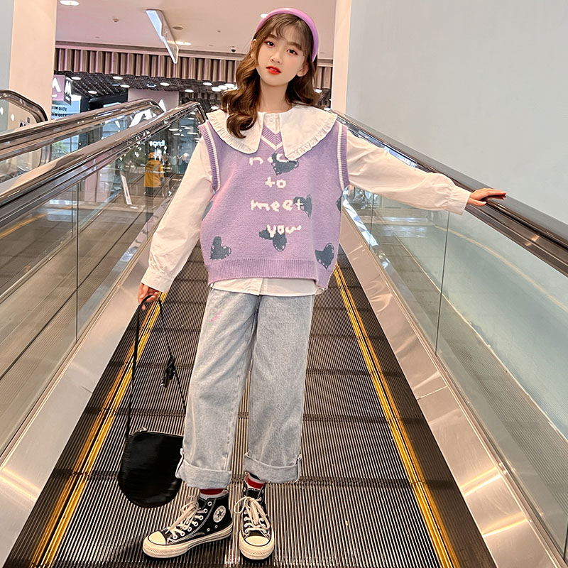 女童春秋套装2023新款儿童洋气时髦童装小女孩网红秋装马甲三件套