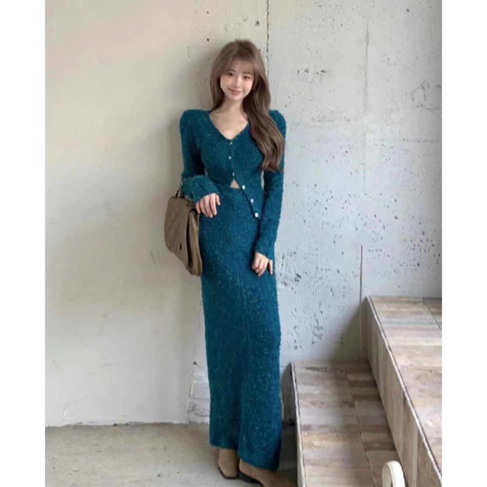 秋冬新款时尚个性套装女气质显瘦长袖开衫上衣修身收腰长裙两件套
