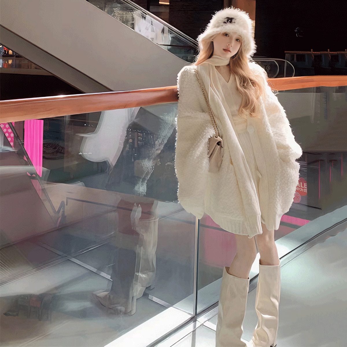 秋冬新款女装修身打底飘带针织上衣+卷毛开衫+百褶裙纯欲三件套装