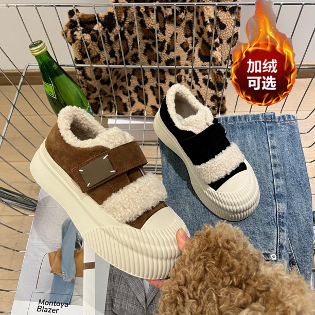 厚底魔术贴加绒毛毛鞋女鞋平底韩版秋冬时尚百搭外穿防滑增高板鞋